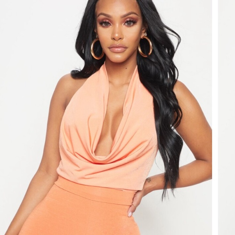 $Shape Coral Slinky Cowl Neck Bodysuit